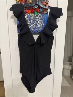 BONDI BORN Black Ruffled One-Piece Swimsuit